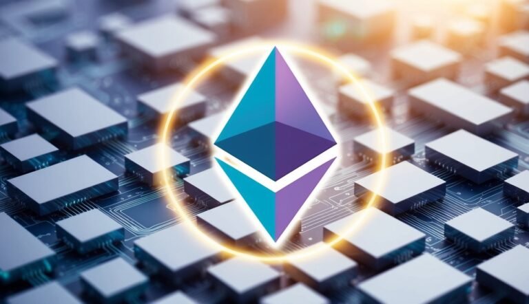 Ethereum logo with a glowing ring on a circuit board background
