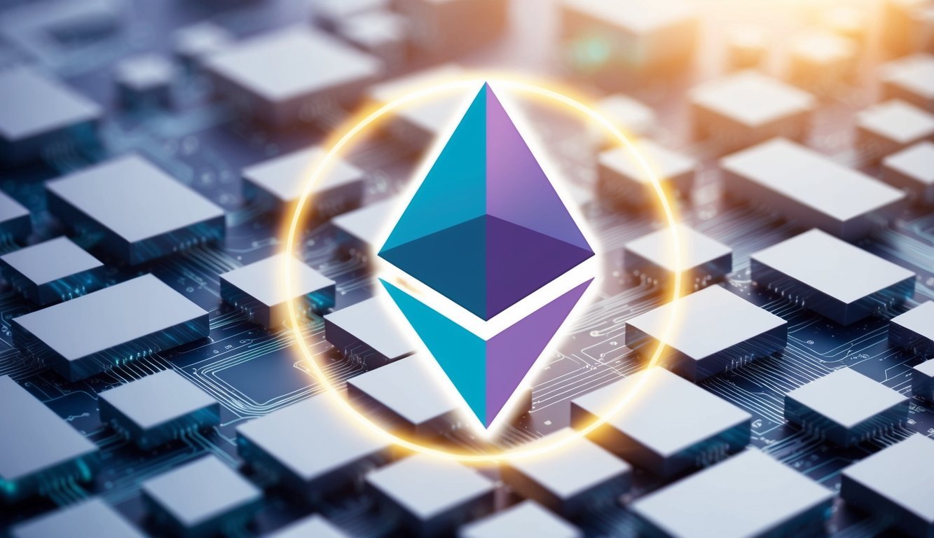 A digital network of interconnected blocks forming Ethereum (ETH) with a glowing, transparent appearance, symbolizing its decentralized nature and technological foundation