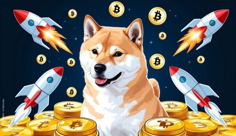 Shiba Inu dog with rockets, Bitcoin coins, and a dark blue background