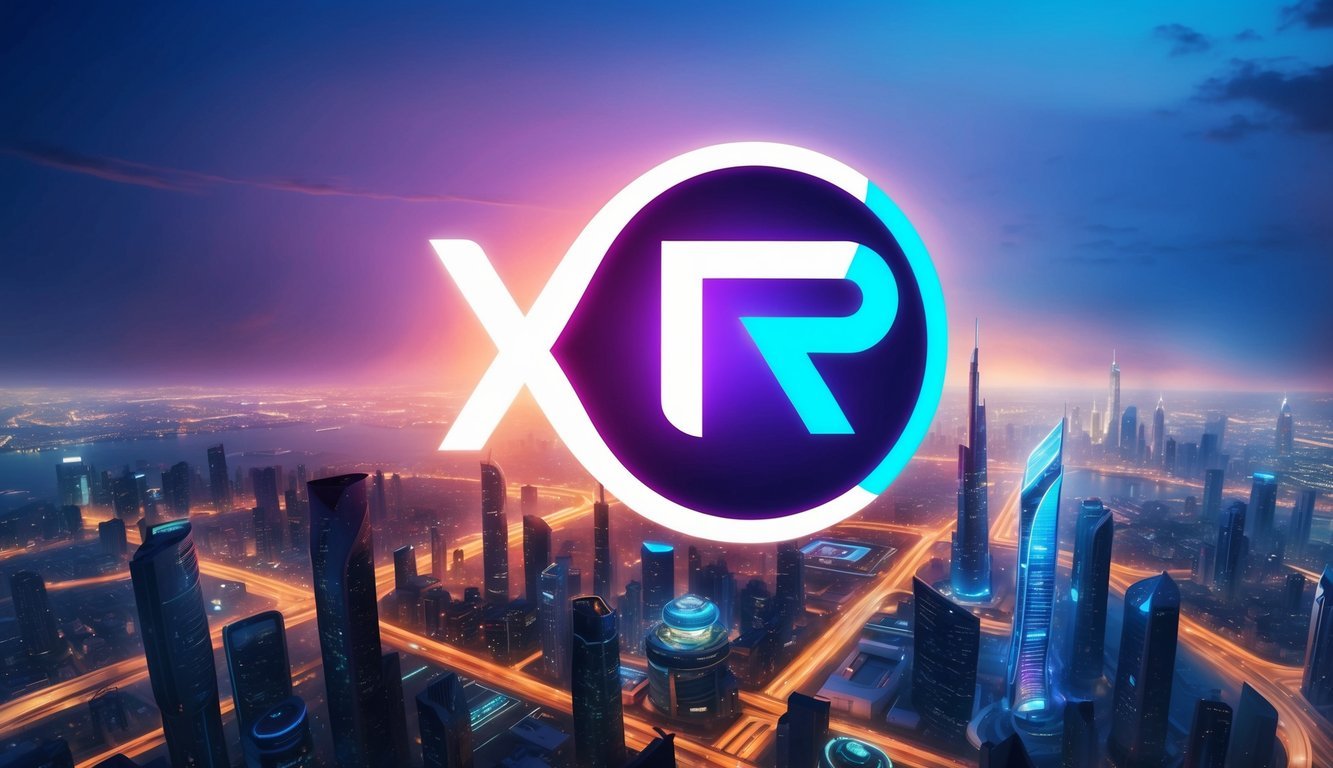 A digital XRP logo floating above a futuristic city skyline with glowing lights and skyscrapers