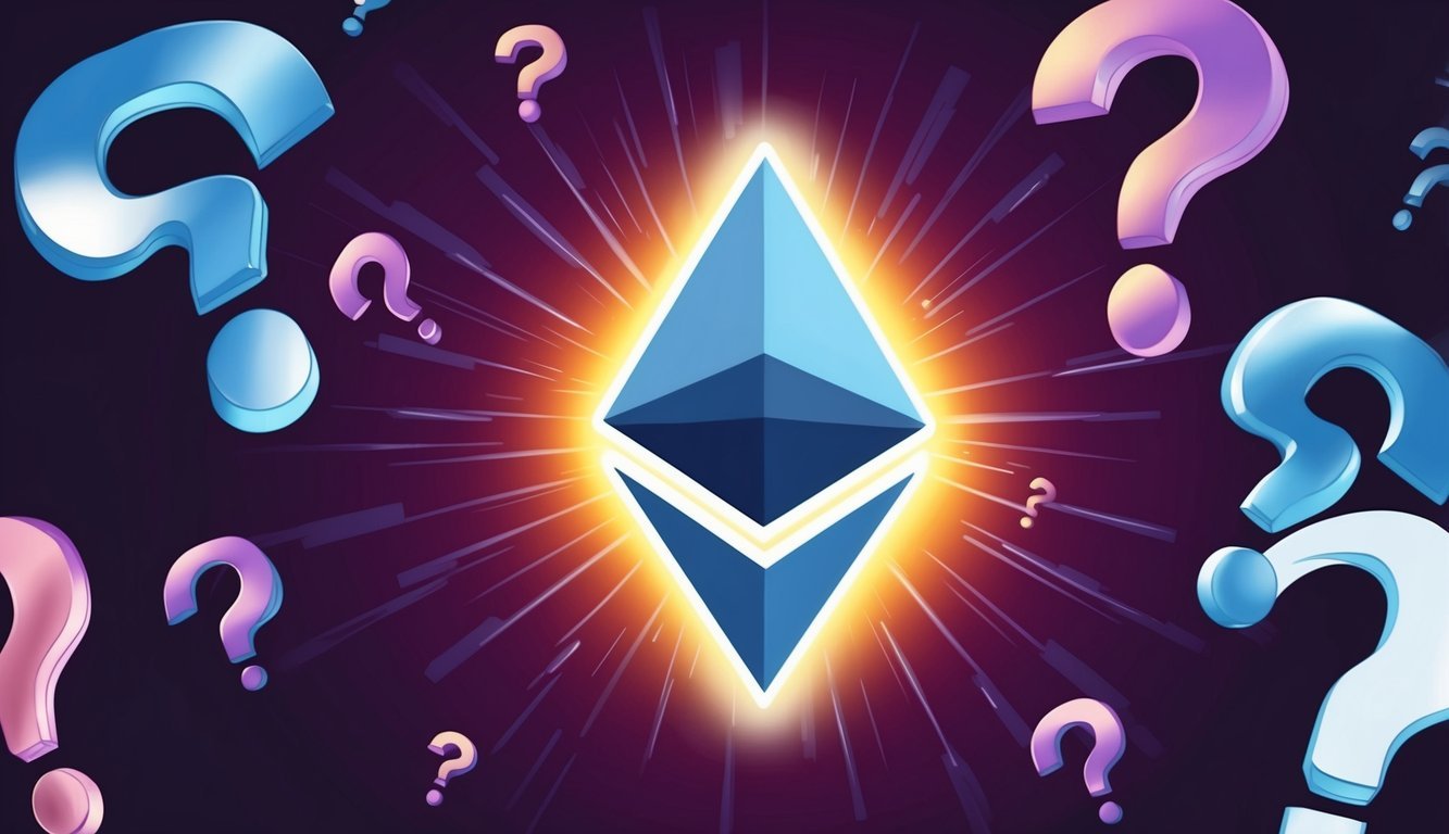 A glowing Ethereum symbol surrounded by question marks