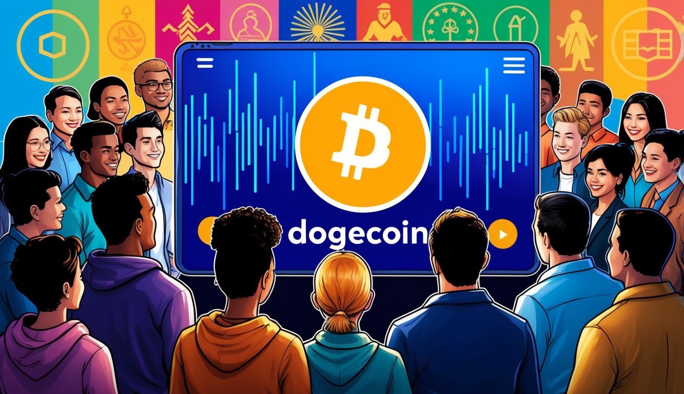 A group of diverse people gathered around a digital screen displaying the Dogecoin logo, with symbols of different cultures and communities in the background