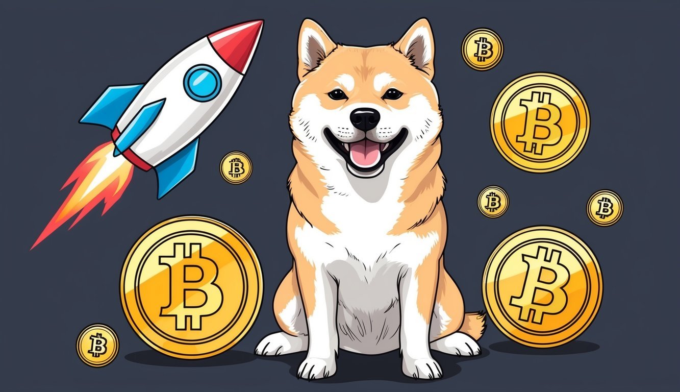 A happy Shiba Inu dog surrounded by cryptocurrency symbols and a rocket ship