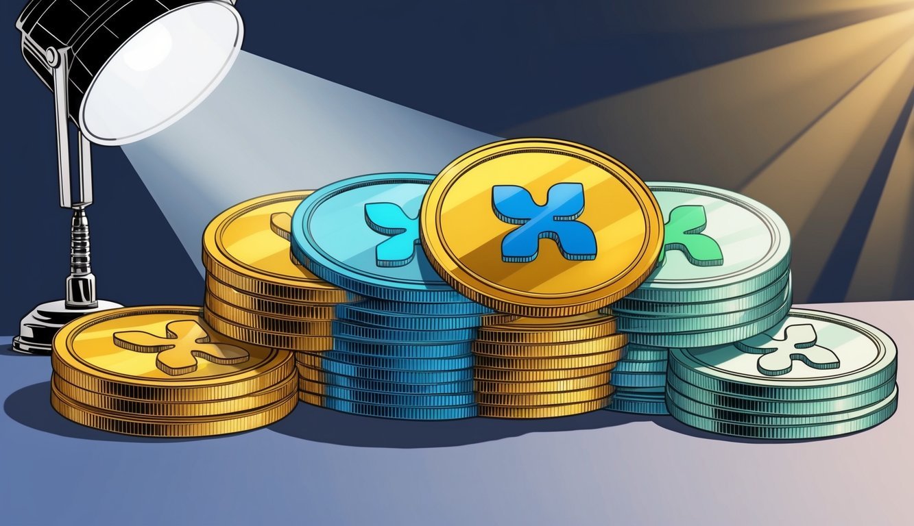 A stack of colorful XRP coins arranged in a neat row, with a spotlight shining on them, creating a sense of importance and curiosity