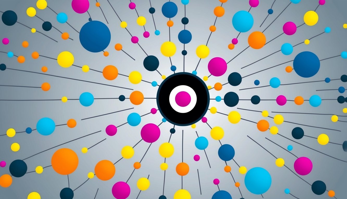 A colorful, interconnected network of dots, varying in size and color, symbolizing the decentralized and interconnected nature of Polkadot (DOT) blockchain technology