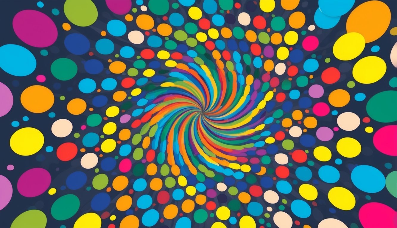 A colorful polka-dot pattern swirling around a central point, radiating outwards in a dynamic and eye-catching design