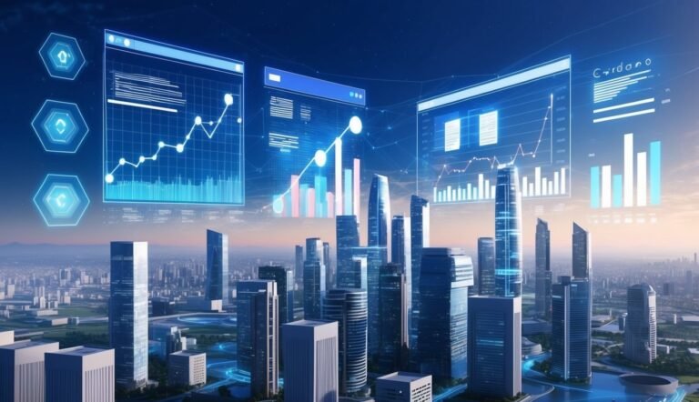 City skyline with digital charts and graphs overlayed, futuristic concept