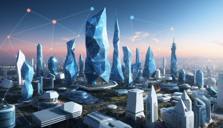 Futuristic city with geometric blue buildings connected by network lines