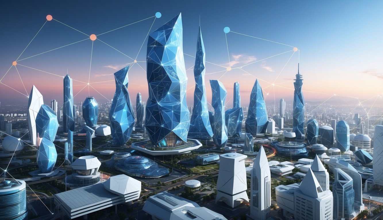 A futuristic cityscape with interconnected geometric structures, representing the decentralized network of Polygon (MATIC)