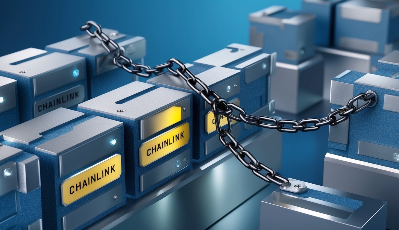 A futuristic, secure chain of interconnected blocks, each labeled "Chainlink" and linked together with strong, unbreakable chains