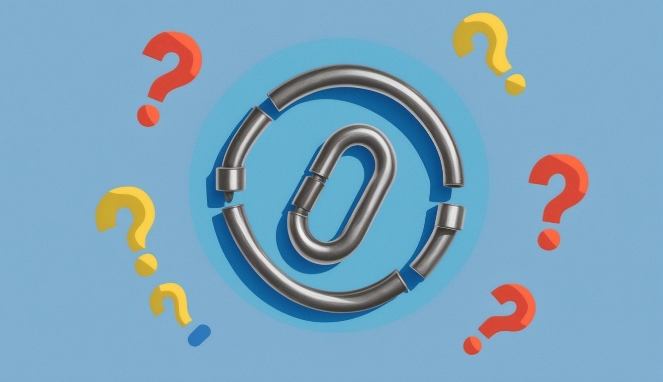 A chainlink symbol surrounded by question marks, representing the concept of frequently asked questions about Chainlink (LINK)