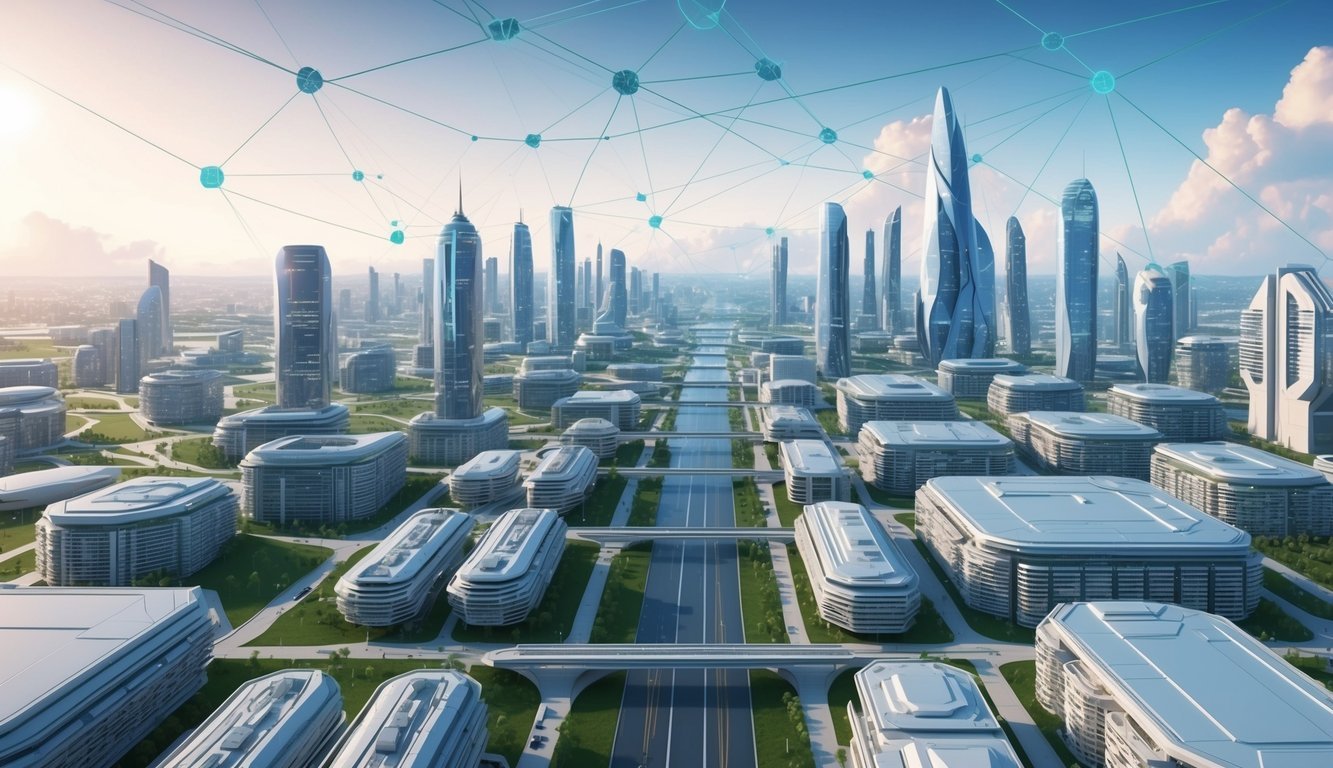 A futuristic cityscape with interconnected networks of buildings and pathways, showcasing the seamless interoperability and collaboration of Polygon (MATIC) technology