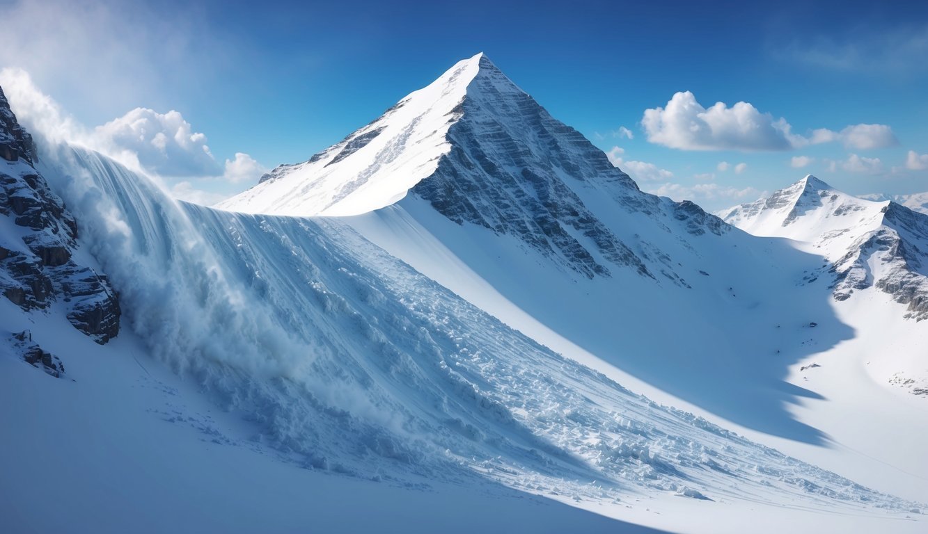 A snow-capped mountain peak with a sudden release of snow and ice cascading down the slope, creating a powerful and destructive avalanche