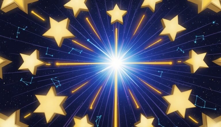 Bright starburst with golden stars, constellations, and a dark blue background