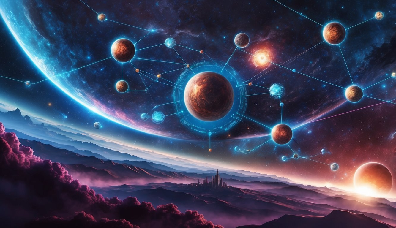 A cosmic landscape with interconnected nodes and a central governance structure