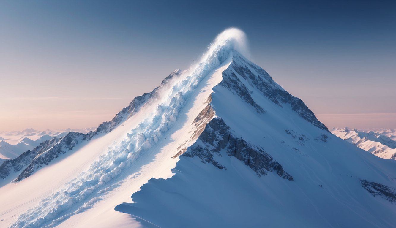 A snow-capped mountain peak with an avalanche cascading down its slope