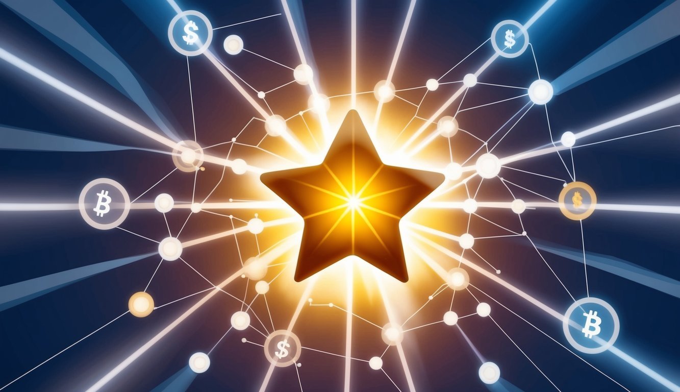 A glowing star emitting beams of light, surrounded by interconnected nodes representing a global payment network