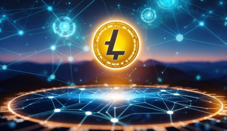 Litecoin cryptocurrency symbol with network connections, digital art illustration