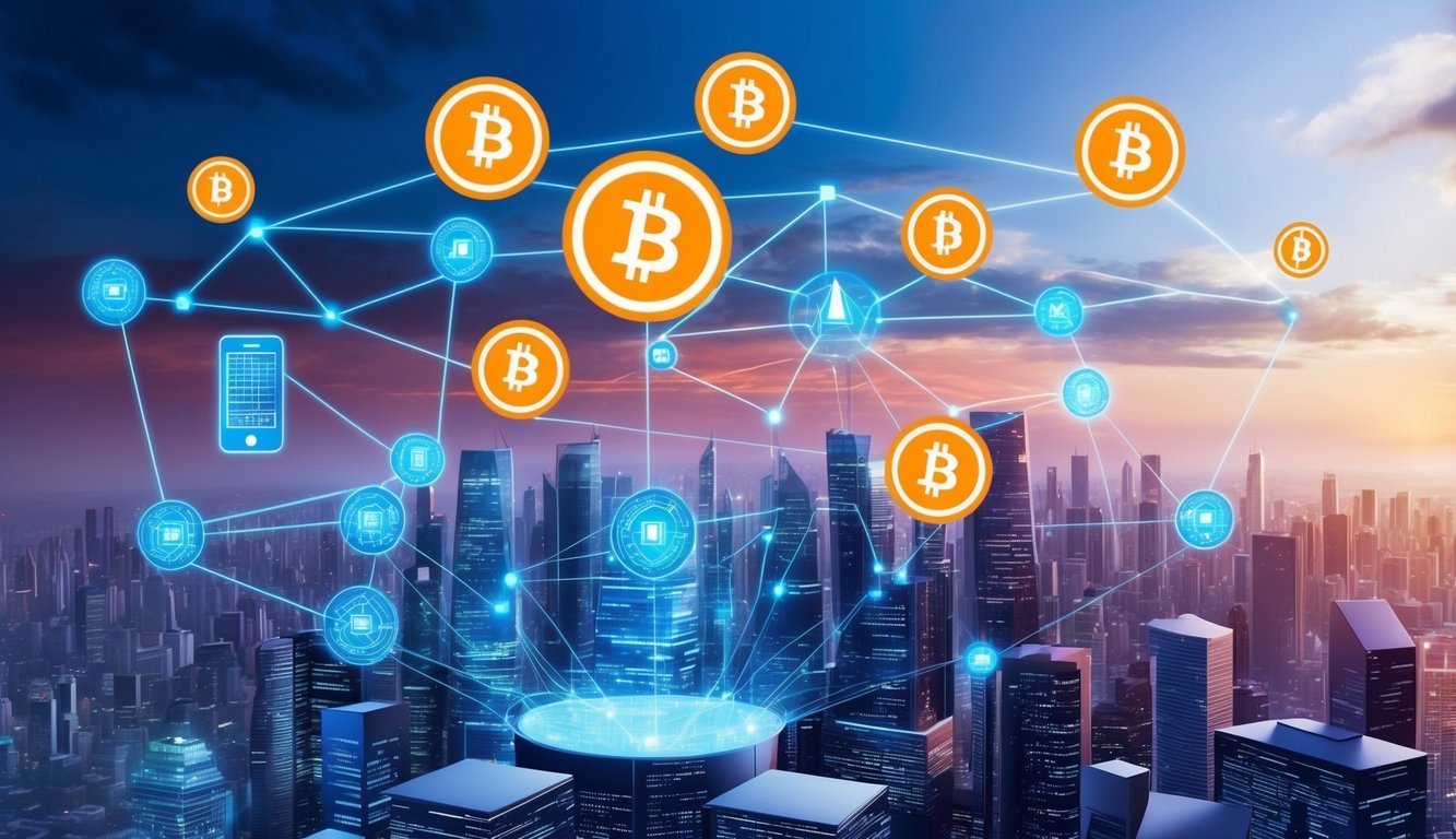 A futuristic cityscape with digital currency symbols floating above, while a secure blockchain network connects various devices