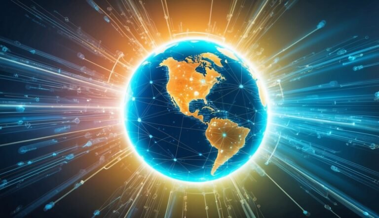 Glowing Earth with network connections and data streams radiating outwards
