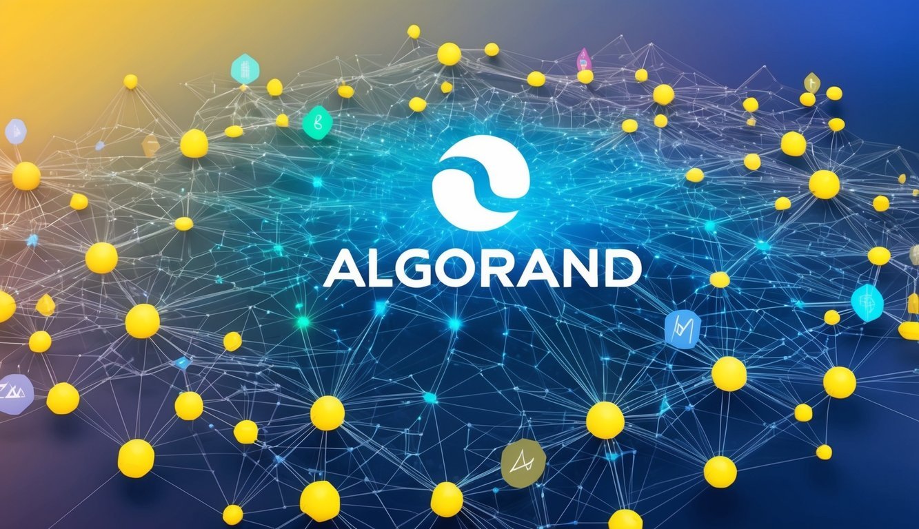 A vibrant network of interconnected nodes and digital assets, with Algorand's logo at the center, symbolizing its role in the blockchain ecosystem