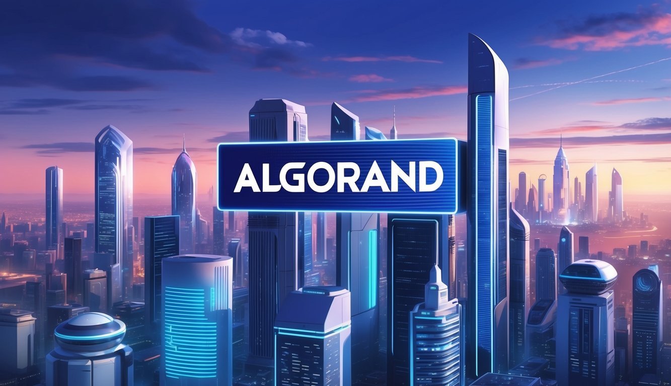 A futuristic city skyline with a prominent Algorand logo displayed on a building's digital billboard