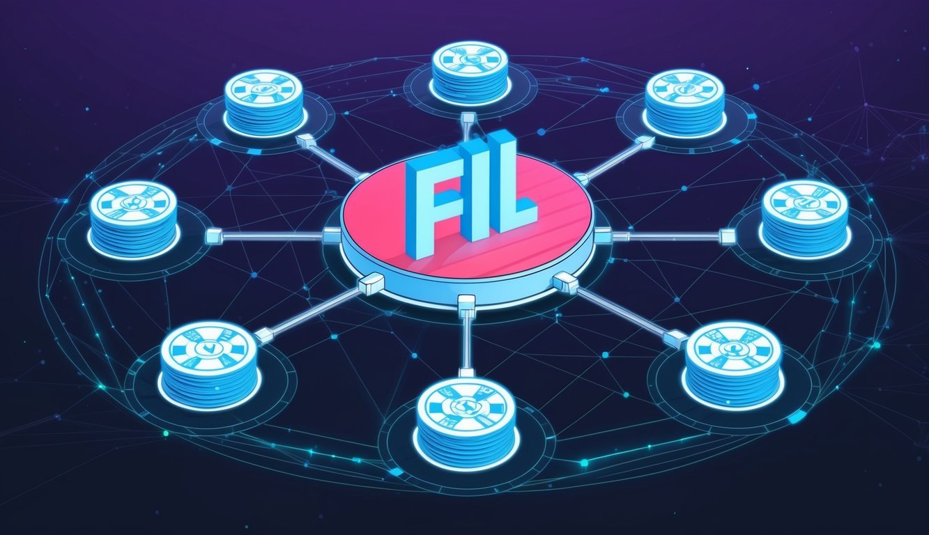 A futuristic digital marketplace with interconnected nodes and data storage centers, symbolizing the decentralized nature of Filecoin (FIL)