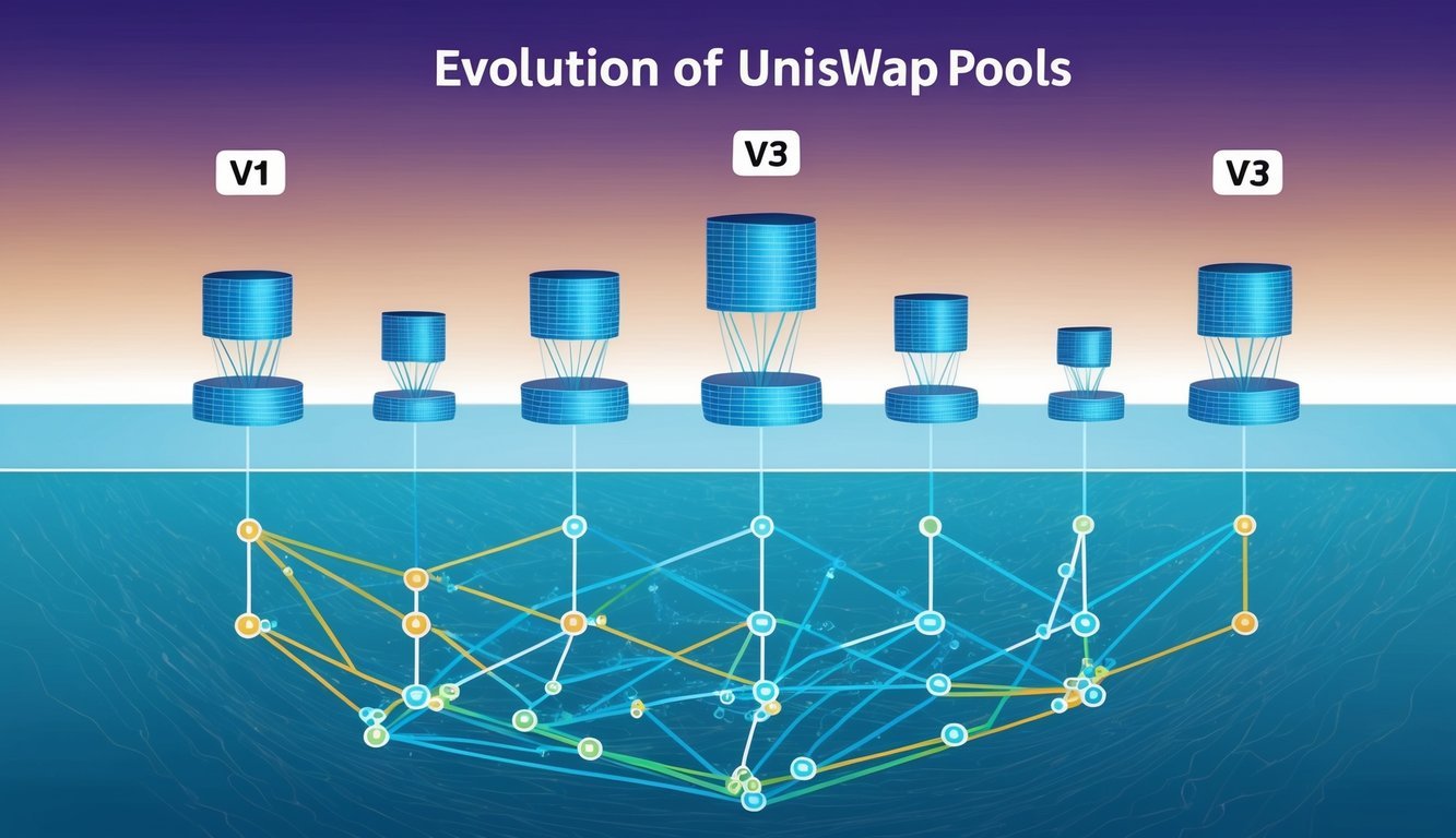 A series of interconnected pools representing the evolution of Uniswap, from V1 to V3, with increasing complexity and liquidity