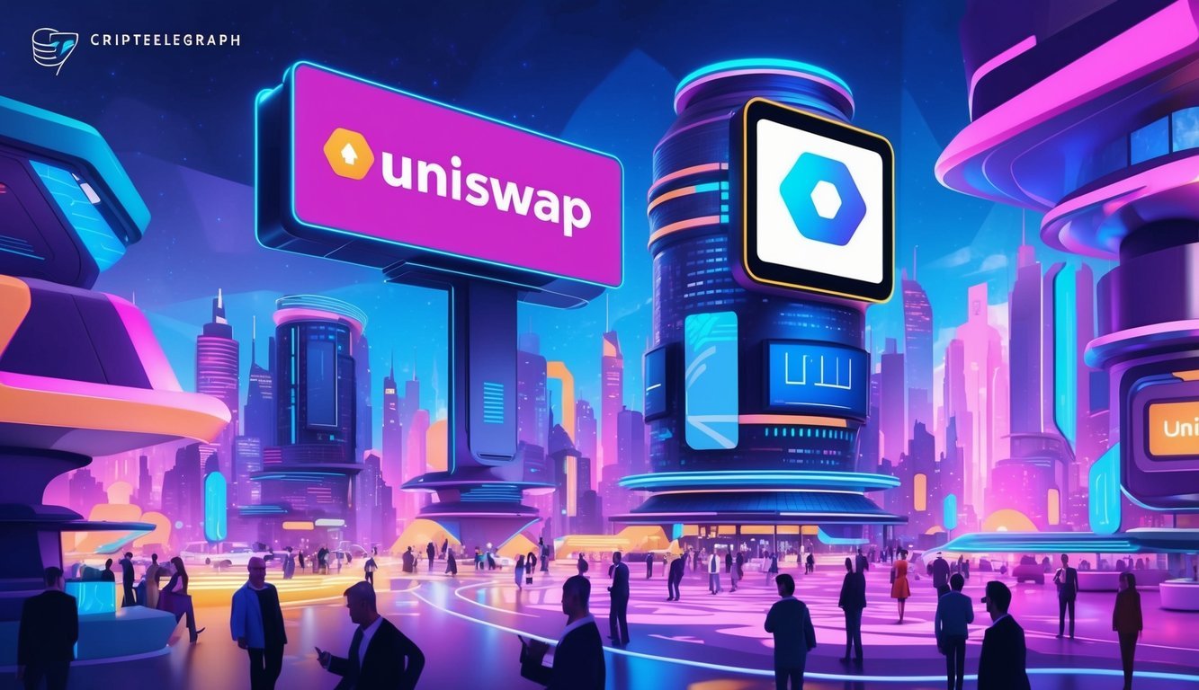 A vibrant, futuristic cityscape with a prominent Uniswap logo displayed on a towering digital billboard.</p><p>The scene is bustling with activity, showcasing the innovative nature of the cryptocurrency platform