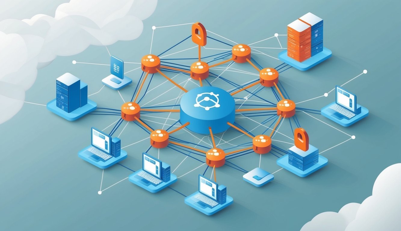 A network of interconnected nodes exchanging data and storing files securely