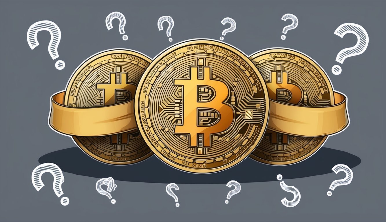 A group of interconnected Bitcoin symbols wrapped in a ribbon, surrounded by question marks