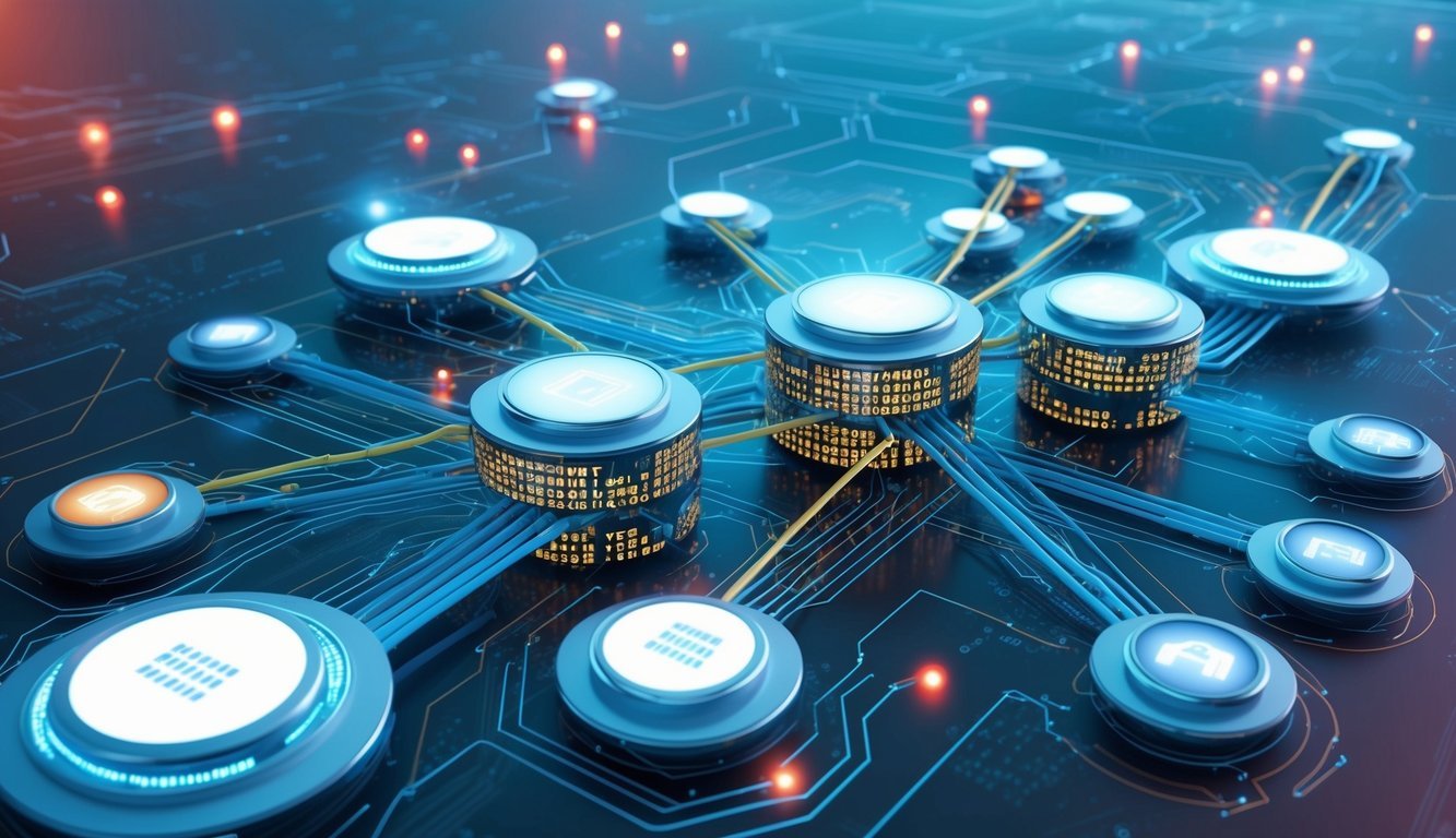 A futuristic computer network with data being stored and transferred among interconnected nodes