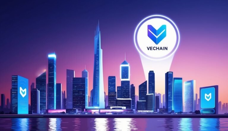 City skyline with VeChain logo, futuristic design, and water reflection