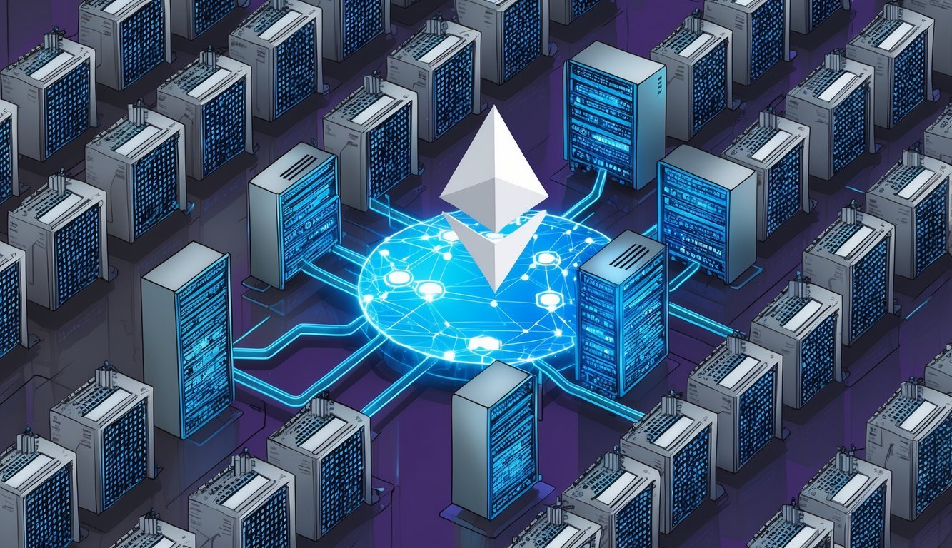 A cluster of interconnected computer servers mining and validating transactions for Ethereum Classic (ETC) blockchain network