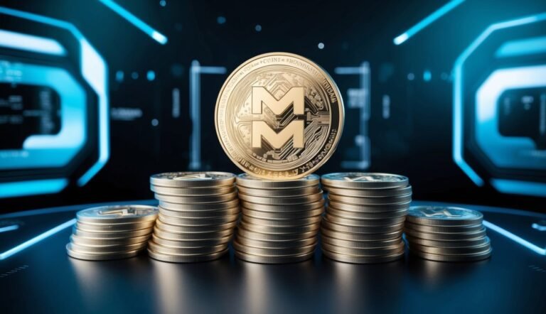 Gold cryptocurrency coin with "MM" logo atop stacks of coins