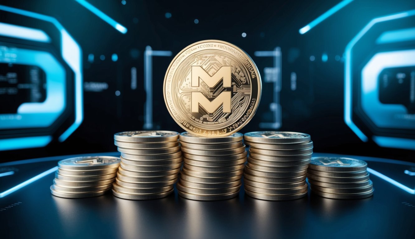 A stack of Monero (XMR) coins arranged on a dark, futuristic background with digital elements and a sense of anonymity