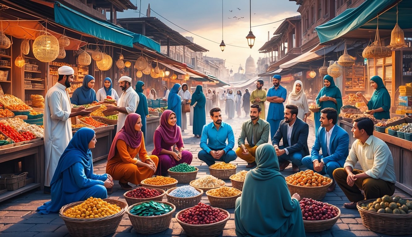 A bustling marketplace with vendors exchanging goods, while a group of people discuss privacy and security in a circle