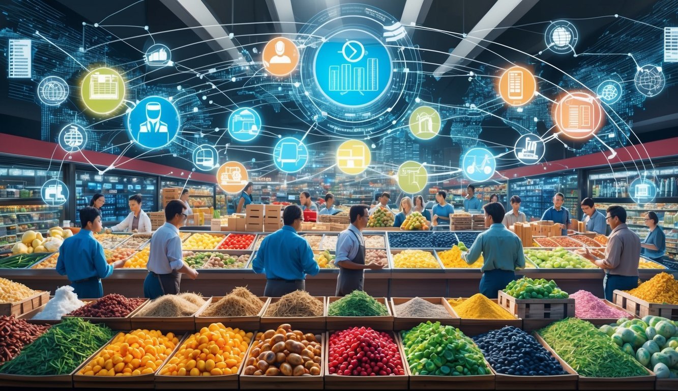 A bustling marketplace with various goods being exchanged, while a network of economic transactions and data flow in the background