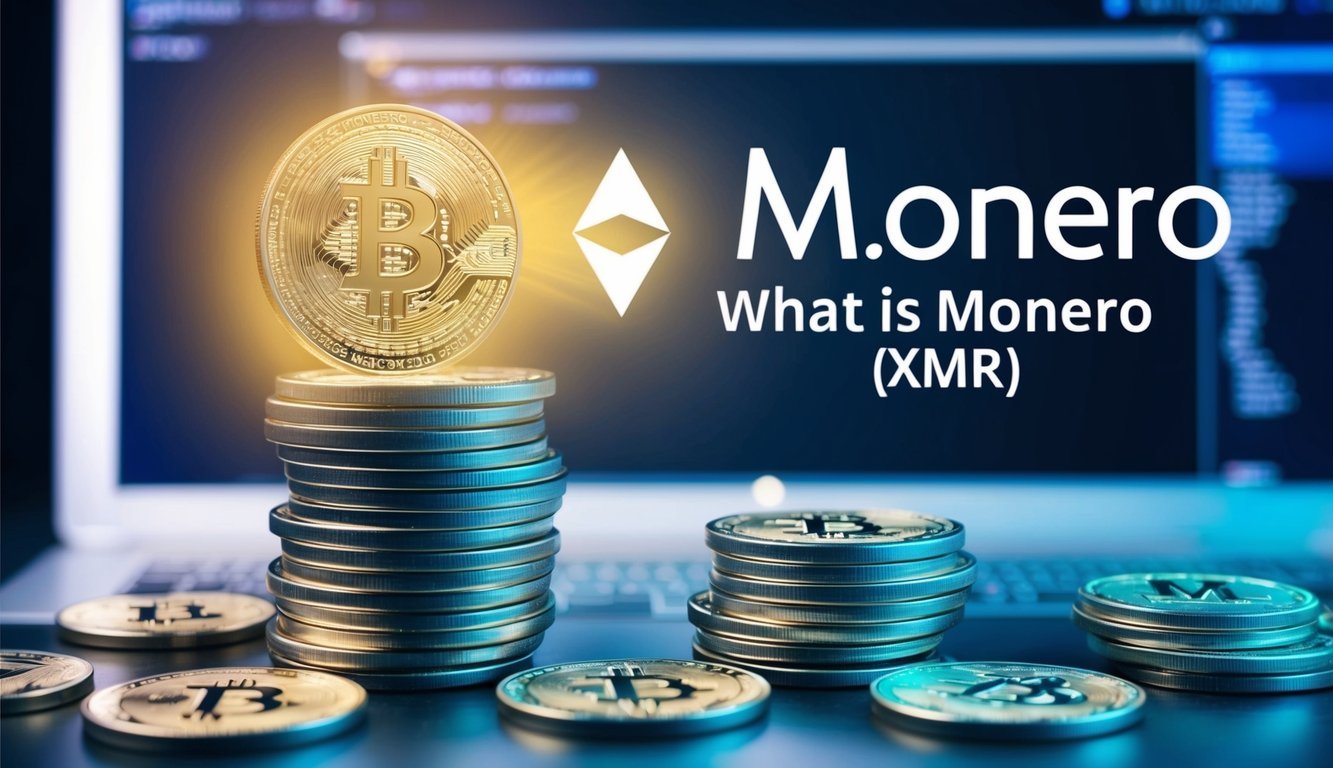 A stack of Monero coins surrounded by a glowing digital interface showing the Monero logo and the words "Frequently Asked Questions: What is Monero (XMR)?"