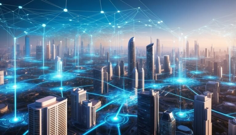 Cityscape with glowing blue network lines connecting buildings, futuristic technology concept