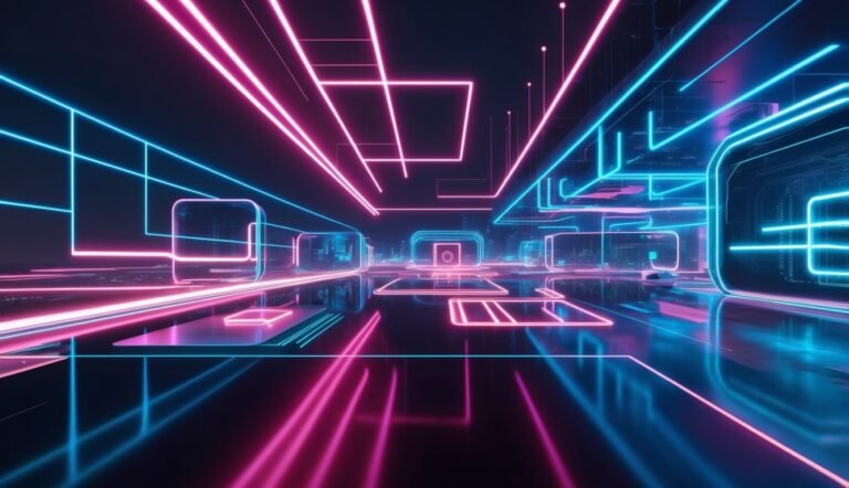 Futuristic neon city with pink and blue glowing lines and shapes