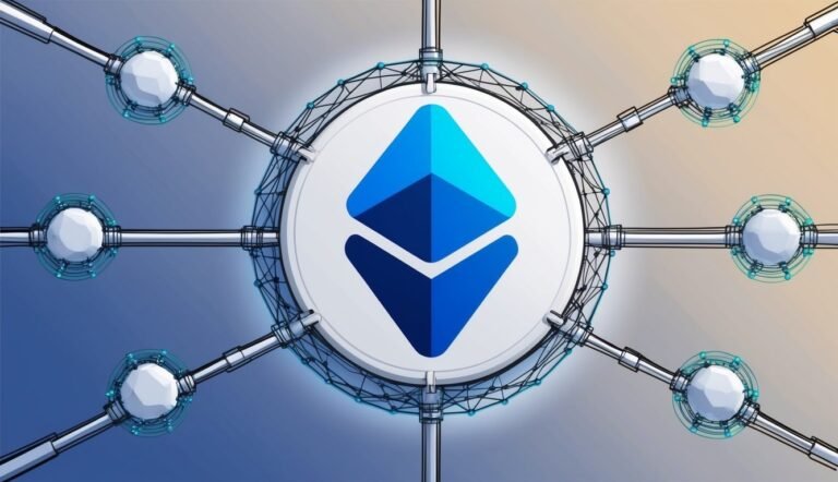 Ethereum logo in a network of connected spheres and lines