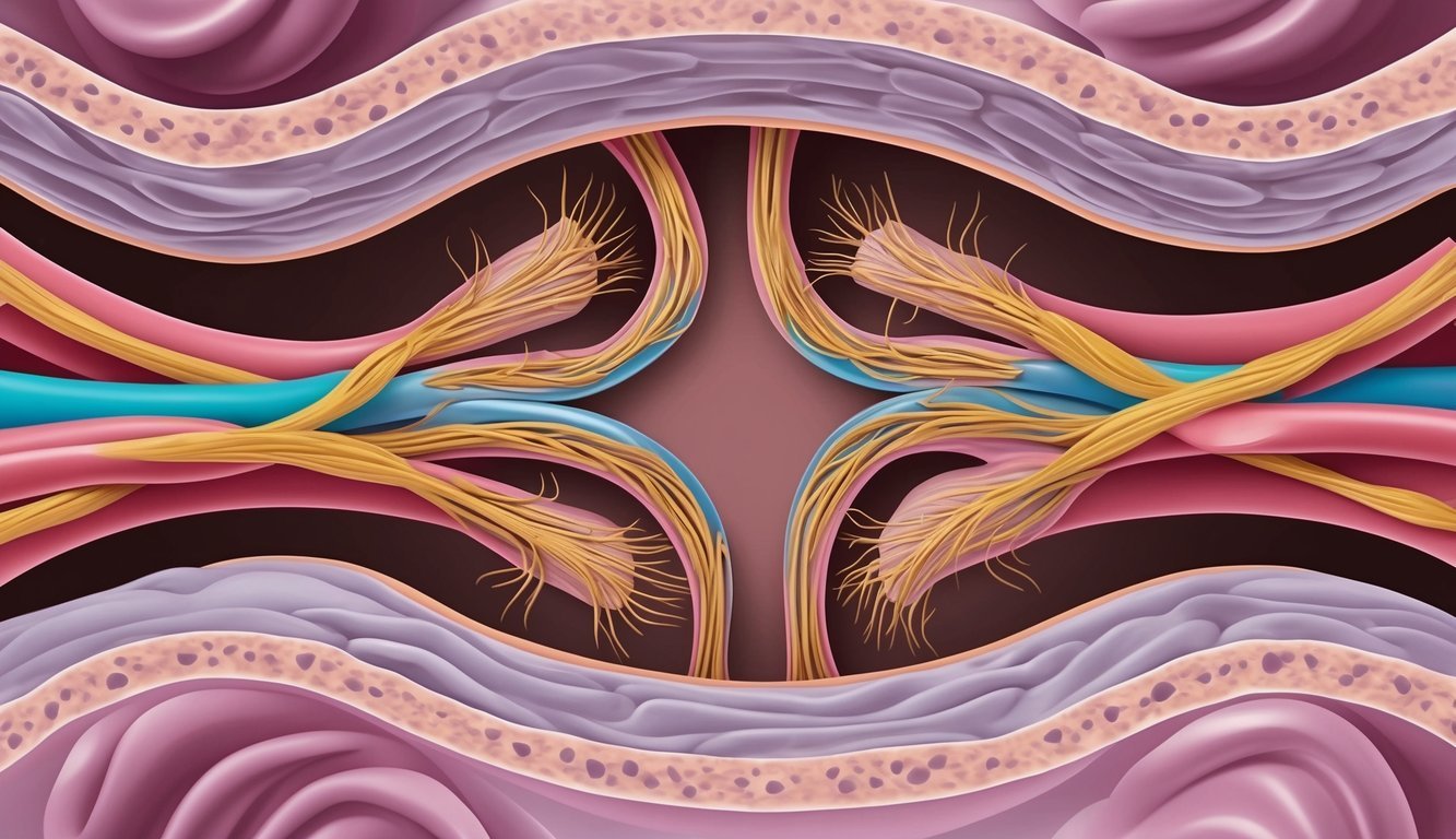 A magnified view of inflamed airways surrounded by healthy tissue, representing the condition of EOS (eosinophilic esophagitis) in relation to other conditions