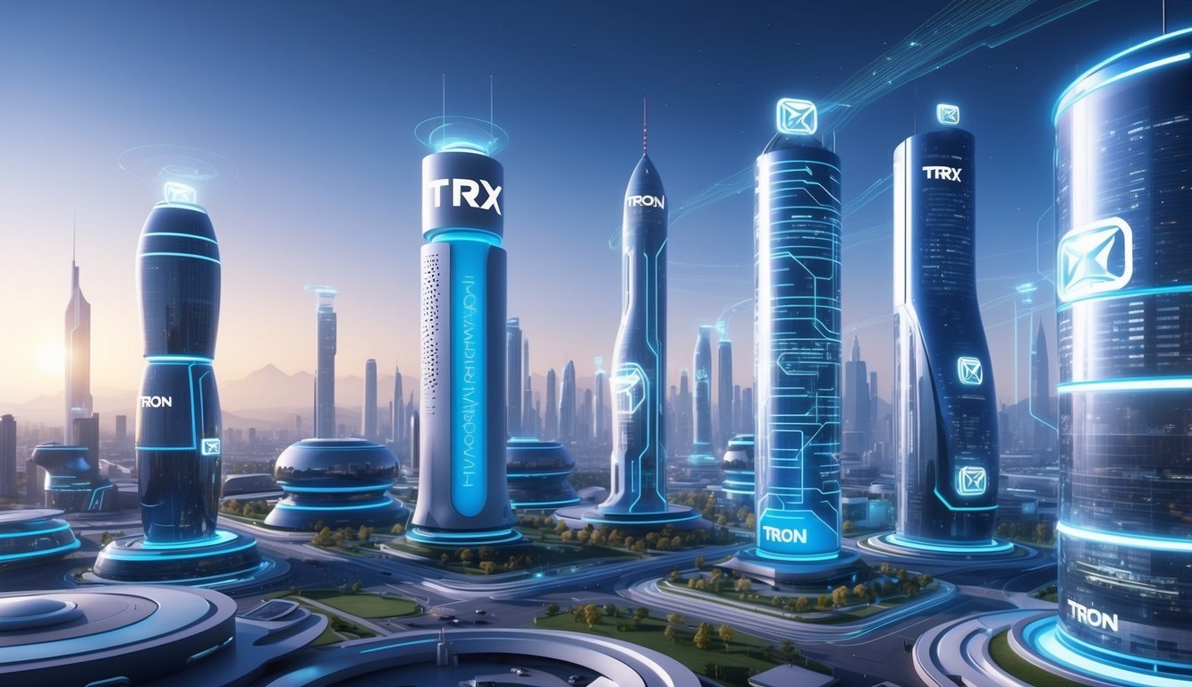 A futuristic cityscape with TRON logos integrated into buildings and technology, showcasing the seamless partnerships and integration of TRON (TRX) in the digital world