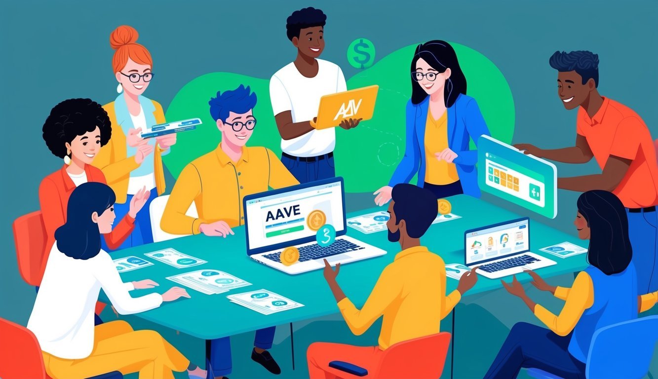 A group of diverse individuals engaging in online financial transactions via Aave platform, while sharing knowledge and experiences within a virtual community