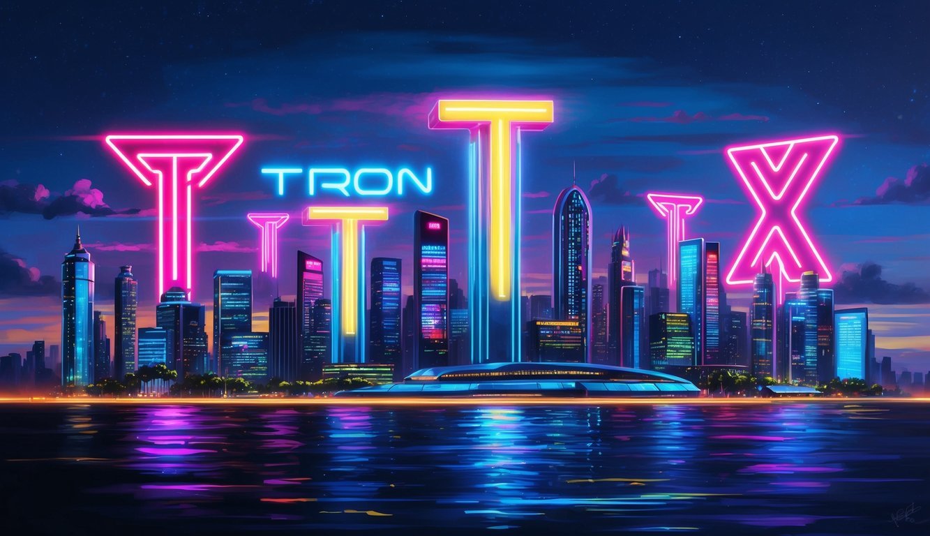 A futuristic city skyline with neon TRON (TRX) signs illuminating the night sky