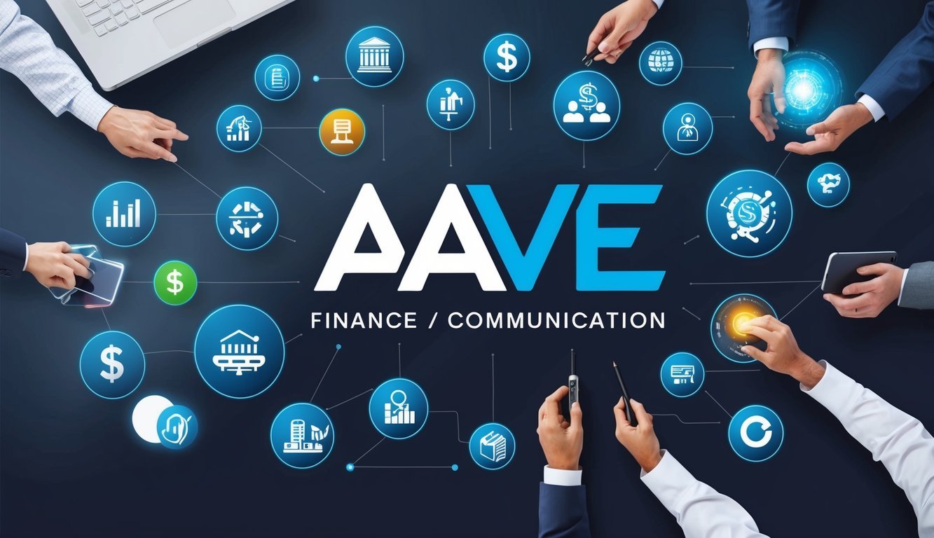 Aave logo surrounded by various icons representing finance, technology, and communication