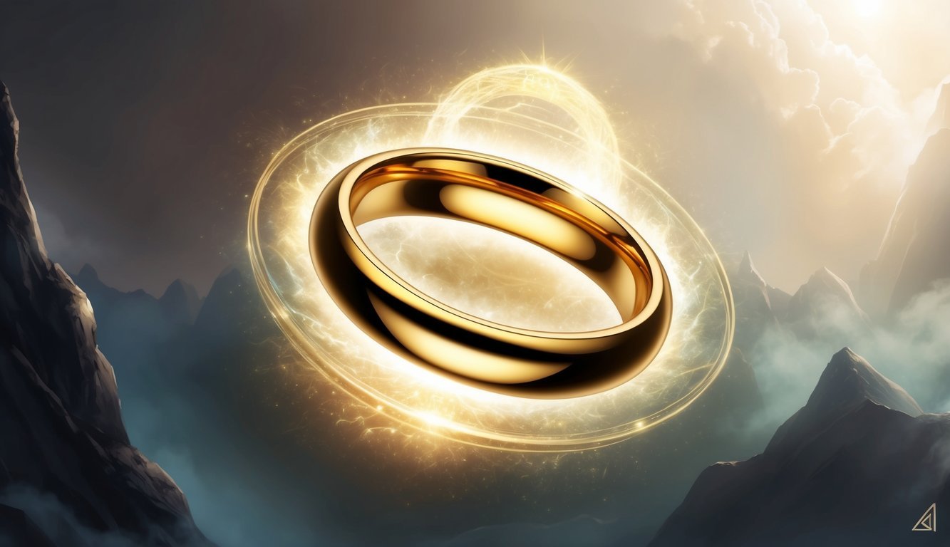 A shining golden ring surrounded by ethereal light, emitting a sense of power and ancient wisdom