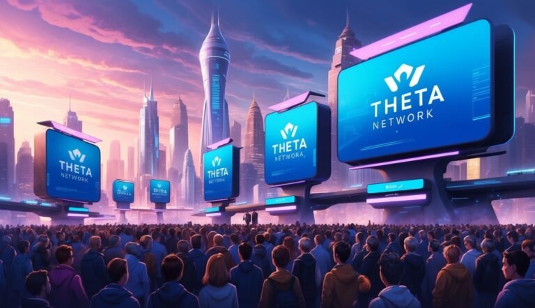 Crowd watching Theta Network billboards in a futuristic cityscape