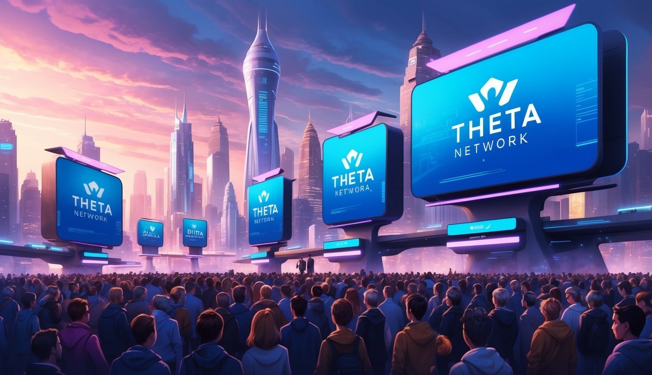 A futuristic cityscape with digital billboards displaying the Theta Network logo and streaming content to a crowd of people